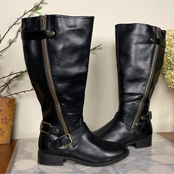 Charlotte Russe Corryn Edgy Wide-Calf Asymmetrical Gold Zipper Buckled Moto Boot - Picture 7 of 16